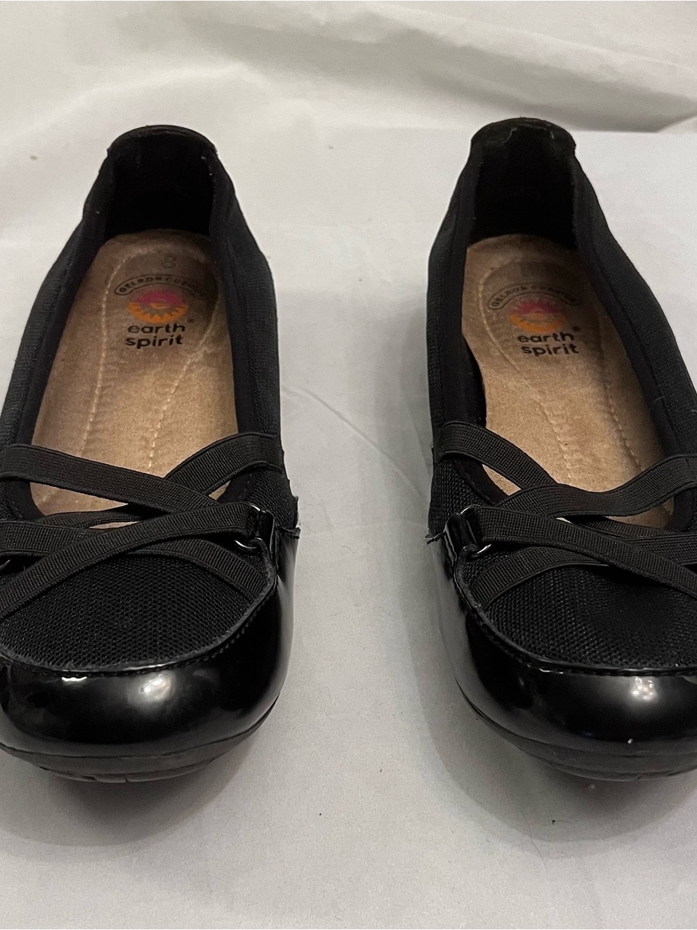 Earth Spirit Gelron Black Slip-On Ballet Flats with Elastic Cross Straps 8.5